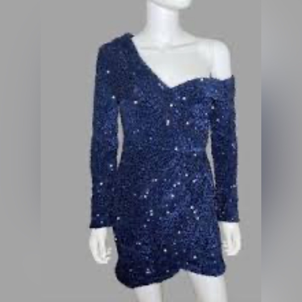 5/$25!! Navy Sequin Off Shoulder Asymmetrical Dress